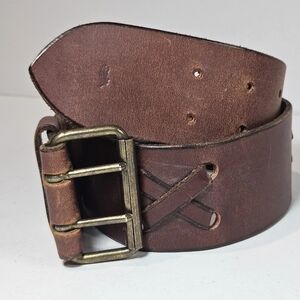 VTG Polo Ralph Lauren Leather Double-Prong Brass Buckle Belt 26 Chestnut RARE